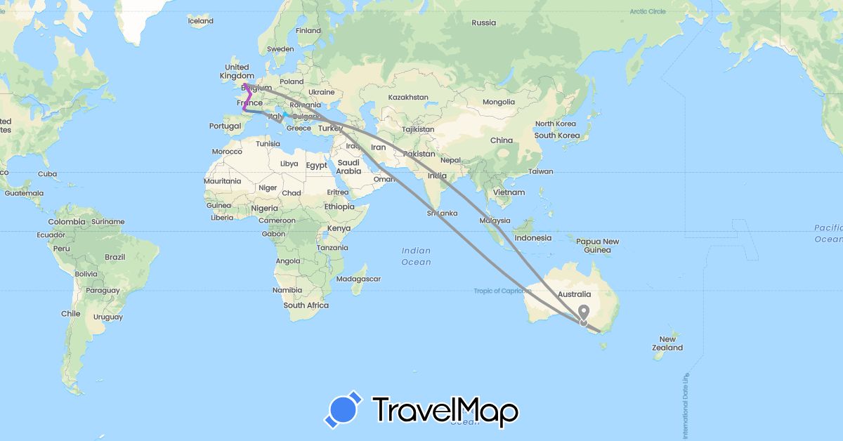 TravelMap itinerary: driving, plane, cycling, train, boat in United Arab Emirates, Australia, France, United Kingdom, Croatia, Italy, Singapore (Asia, Europe, Oceania)